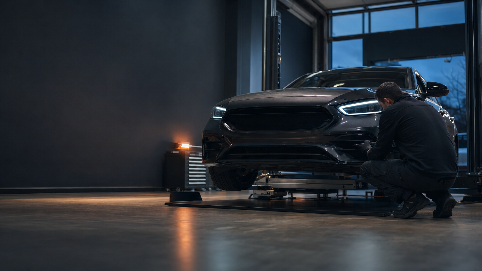 Mechaniker prüft ein Fahrzeug in einer modernen Werkstatt